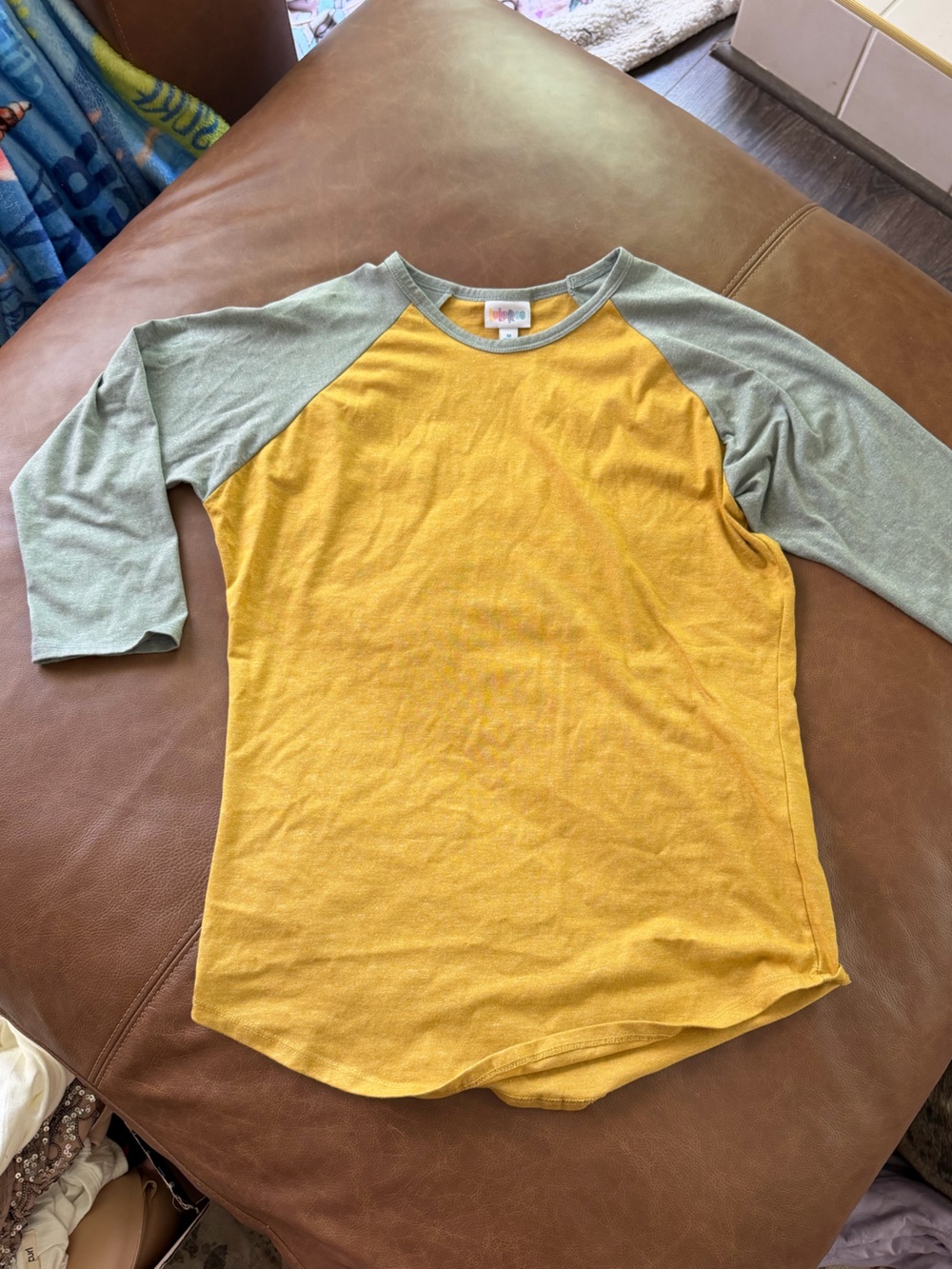 LuLaRoe Yellow and Sage Green Raglan Top